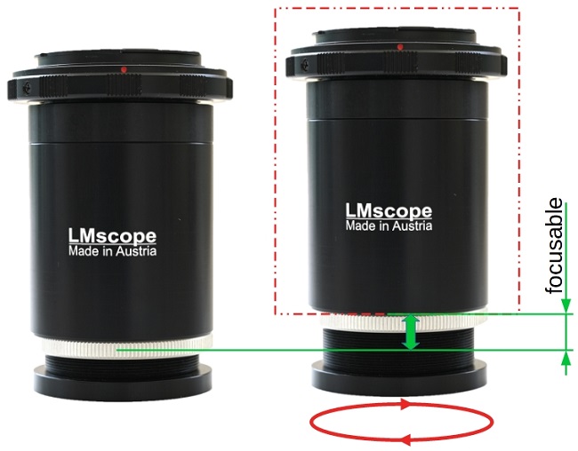 Focusable adapter microscope camera DSLR, DSLM system camera