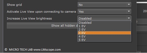 Helicon Remote Software f�r Low Light Anwendungen Display anpassen ,  Helligkeit erh�hen ( 1 EV bis 5 EV)