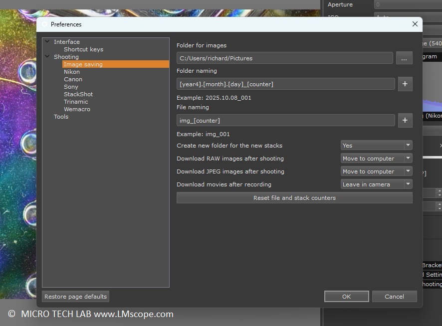 Helicon Remote :Fotos werden direkt im gew�nschten Format auf der Festplatte abgelegt, MikroskopieSpeicher-Eigenschaften Helicon Remote