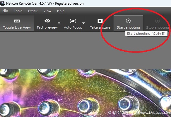 EinsatzHelicon Remote Software am Mikroskop Fokusstacking, Aufnahme starten