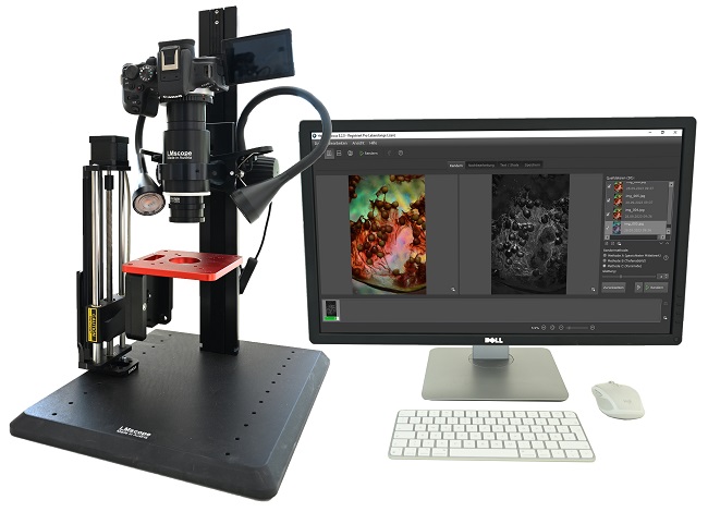 Microscope numrique moderne avec camras DSLR et DSLM : photomicroscope grand champ LM table motorise Stackshot, Heliconfocus