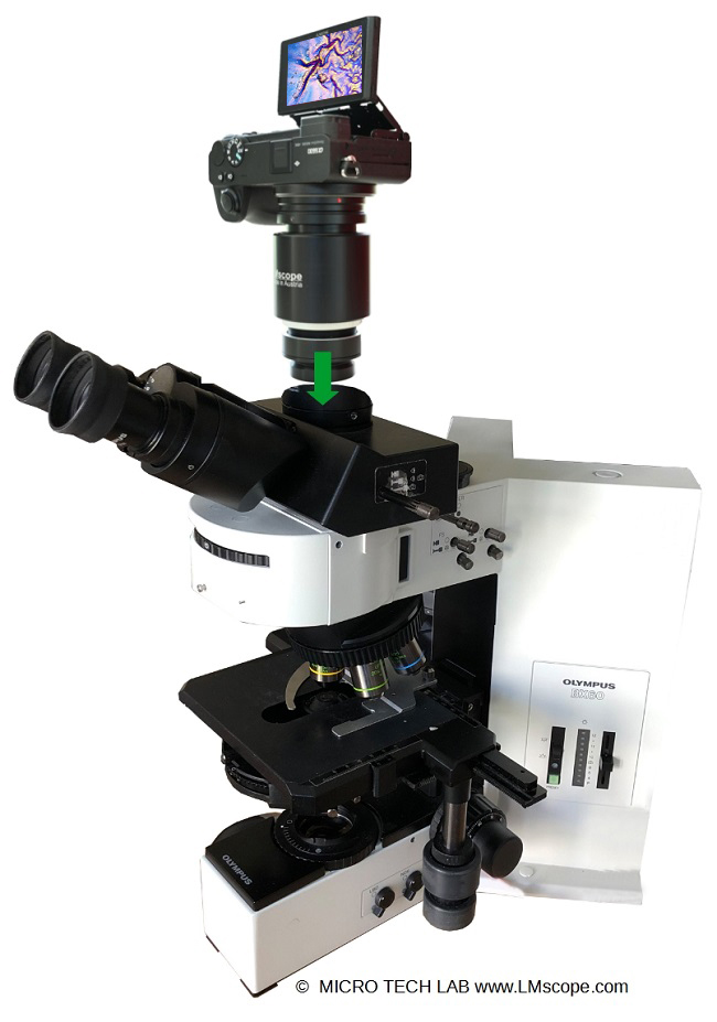 Compact, short, powerful camera microscope adapter for Olympus BX60 with photo tube, focusable, integrated optical filters