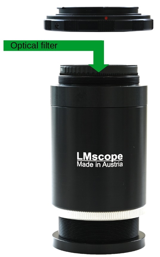 Microscope adapter with integrated optical filter, polarization filter, various color filters or UV blocking filters