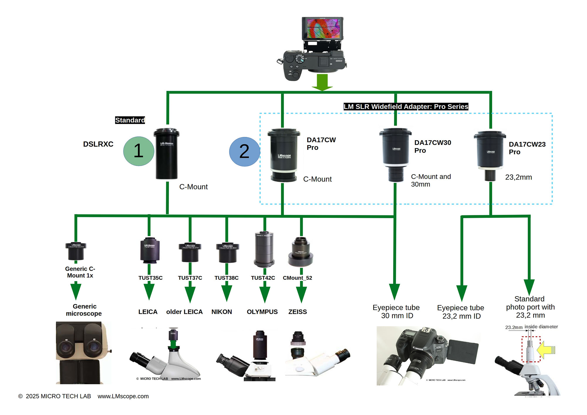 Mounting the camera on the microscope: System diagram for LM adapter solutions with integrated intermediate optics