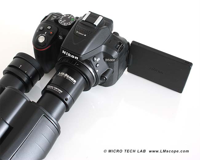 The Nikon D5300, the latest version of the entry-level camera, on the  microscope