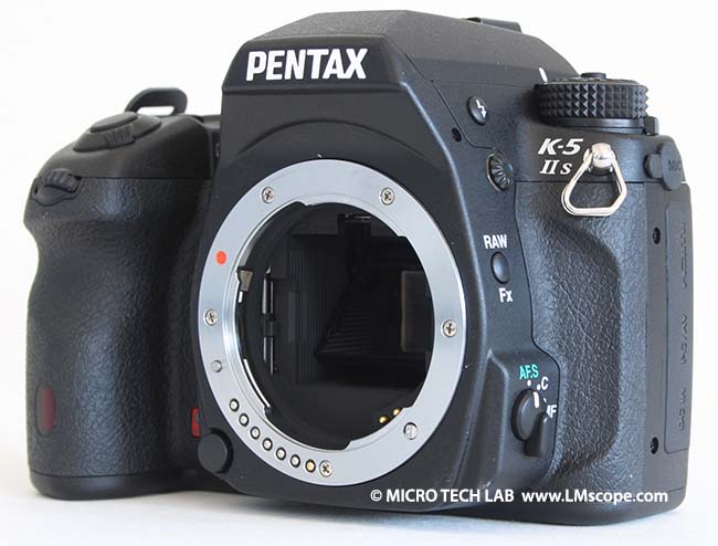 The Pentax K-5 IIs DSLR camera tested on a microscope